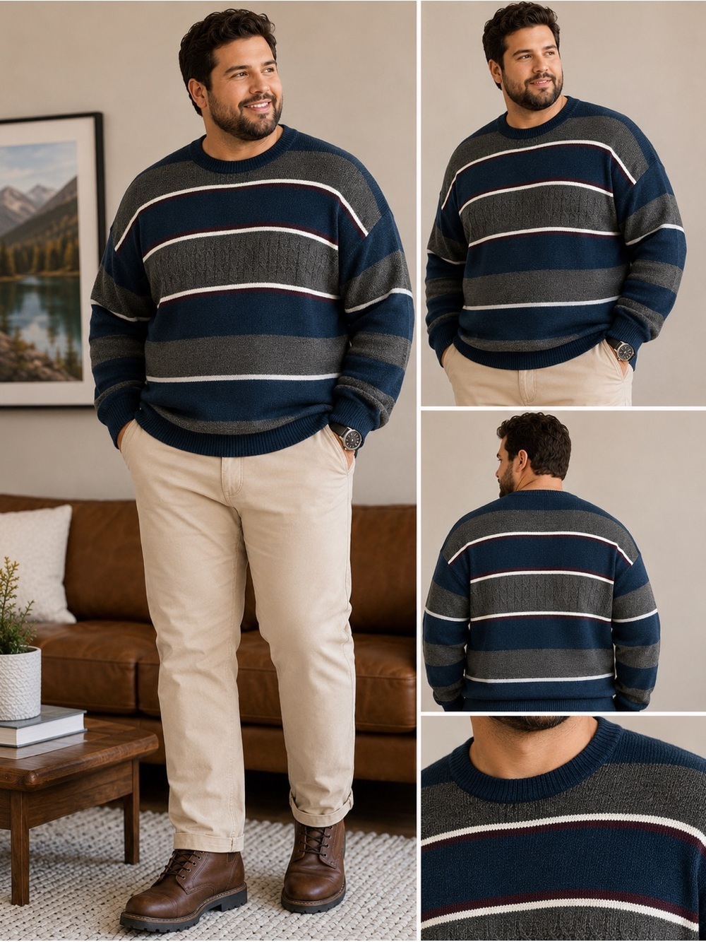 David Taylor XXL 2XG Blue Gray Striped Crewneck Knit Sweater (50–52)